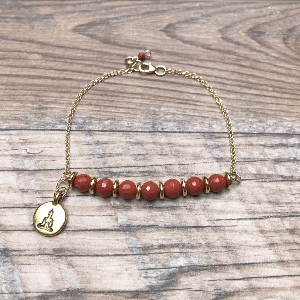 Red Jasper bracelet with Buddha charm, 14k gold filled, gemstone bracelet